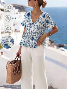 Linhara Plus Size Allover Printed Summer Slimming Ruffle Trim Blouse , Holiday Summer Vacation Top - Blue and White - View 3