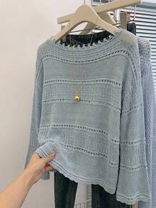 Freevana Plus Size Solid Color Boat Neck Knit Loose Bell Sleeve Top Suitable For Daily Wear Vacation Dusty Blue Autumn Traditional Fall Winter 2026 - Mint Blue - View 2
