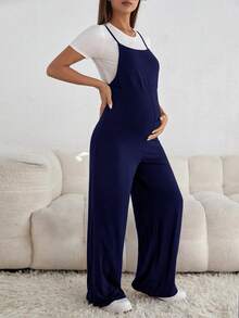 SHEIN 孕婦純色寬腿休閒細肩帶連身褲 - 藏蓝色 - 查看 3