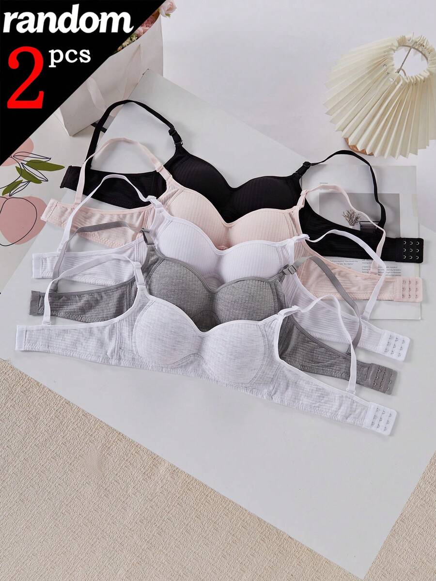 [2pcs Randomly Sent]Simple Girl's Wireless Bra, Thin Solid Color Sports Bra, Bandeau Bra For Teenage Girls - Multicolor - View 1