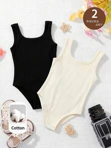 SHEIN 2pcs/Set Young Girl Streetwear Solid Color Knit Jumpsuit, Spring/Summer Romper - Multicolor - View 6