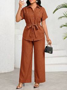 SHEIN Lady 女款純色短袖單排扣襯衫與長褲休閒兩件套 - 鏽棕色 - 查看 3