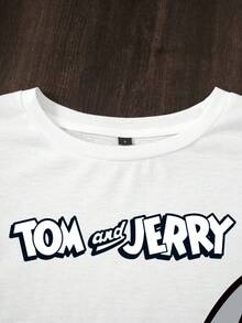 TOM & JERRY X SHEIN 女款字母印花圓領短袖休閒T恤 - 白色 - 查看 4