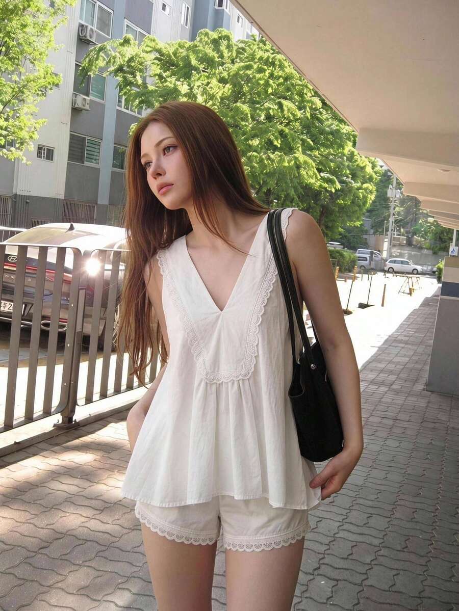 Sweetina Setelan 2 Potong Atasan Tank Top dan Celana Pendek Polos Kasual Musim Panas untuk Wanita - Putih - View 1