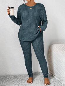 SHEIN Frenchy 女士秋季服装返校运动套装简约简约紧身纹理打底裤和长袖上衣套装女士加大两件套 - 水鴨藍 - 查看 4