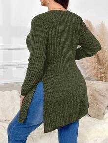 SHEIN Frenchy Plus Size Casual Solid Color Split Hem Long Sleeve T-Shirt, Autumn Fall - Dark Green - View 6