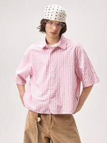 Vaulklash Men's Plaid Short Sleeve Shirt, Suitable For Summer, Streetwear Edition - Pink - View 1