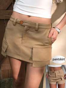 SHEIN PariChic Women's Spring/Summer New Khaki Real Pocket Skort Shorts, Fitted Waist, Bodycon, Commuter Elegant Sexy Hot Girl Casual Daily Wear, College Style Design, Solid Color Mini Skirt Skort - Khaki - View 2