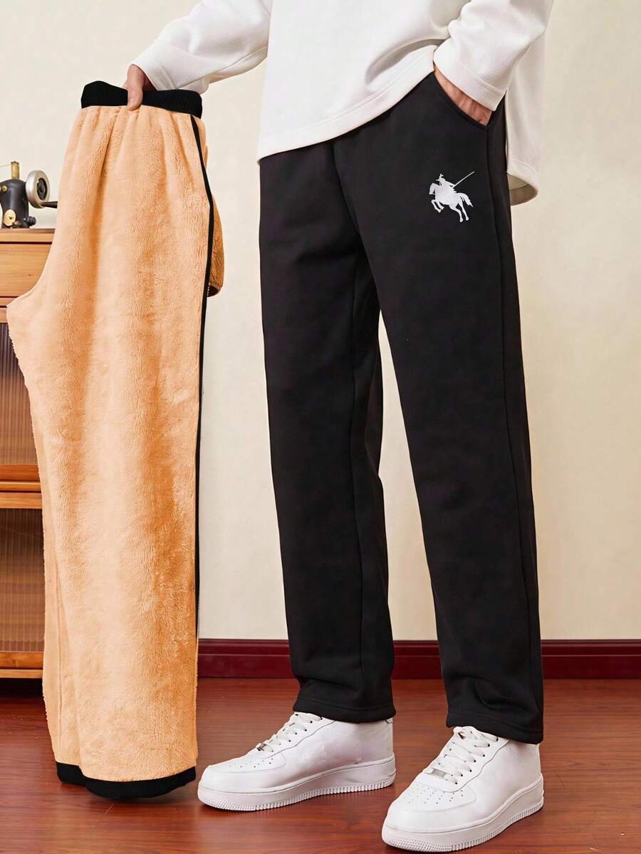 SHEIN 兒童青少年男孩休閒寬鬆保暖內裡加厚黑色長褲，基礎下裝，適合秋冬、學校、家庭聚會，秋季穿搭，冬季穿搭 - 黑色 - 查看 1