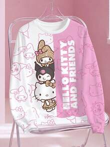 HELLO KITTY AND FRIENDS | SHEIN Plus Size Colorblock Patchwork Cartoon Print Crew Neck Sweatshirt Fall - White - View 1