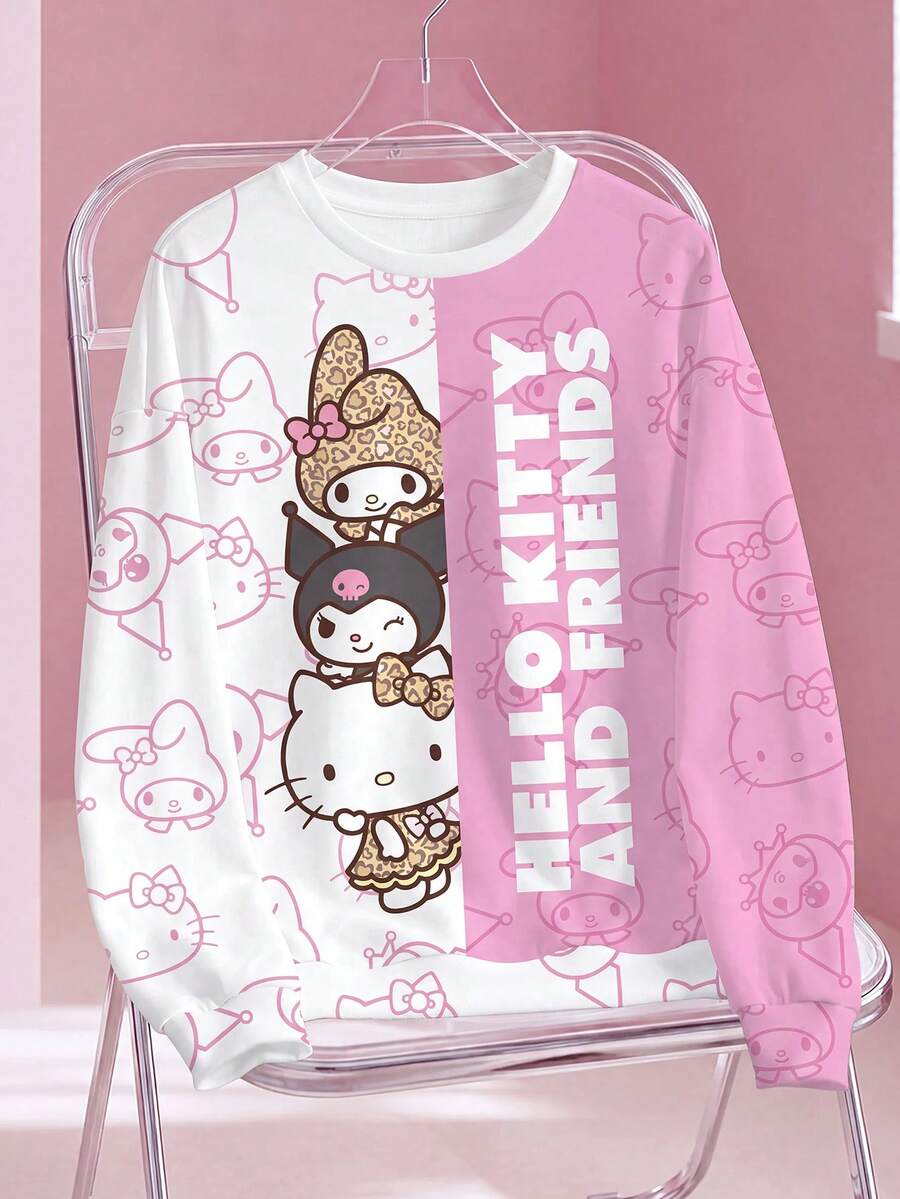 HELLO KITTY AND FRIENDS | SHEIN Plus Size Colorblock Patchwork Cartoon Print Crew Neck Sweatshirt Fall - White - View 1