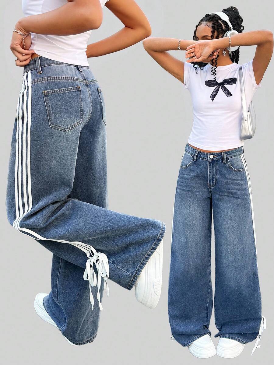 SHEIN 少女Y2K时尚侧条纹蝴蝶结宽松复古休闲直筒牛仔裤,斜插口袋,春夏假期 - 中等水洗藍 - 查看 1