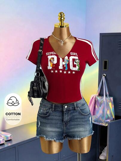 THE POWERPUFF GIRLS X SHEIN Women's Letter Print V-Neck Short Sleeve T-Shirt Holiday School Dark Red Summer Y2k