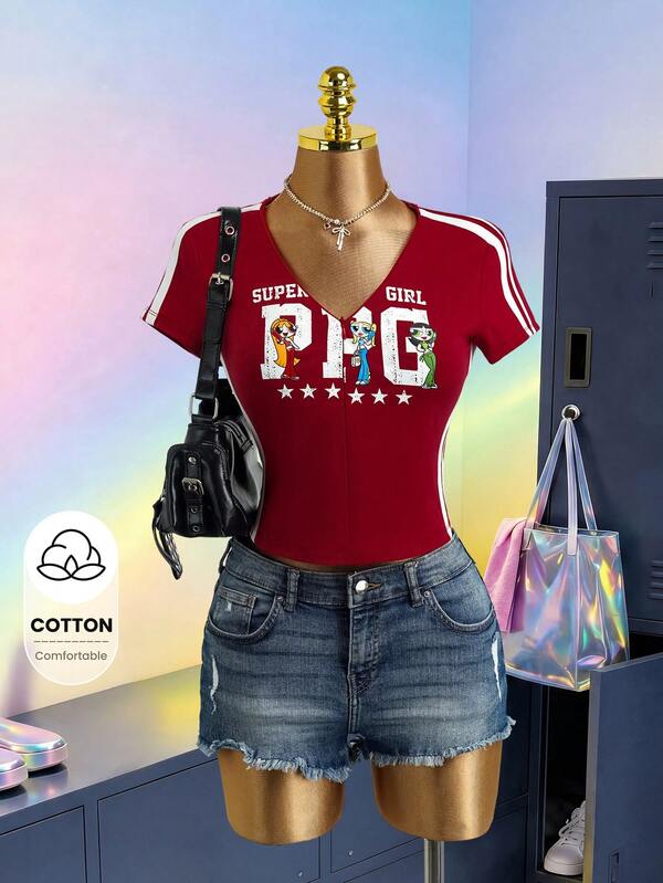 THE POWERPUFF GIRLS X SHEIN Women's Letter Print V-Neck Short Sleeve T-Shirt Holiday School Dark Red Summer Y2k