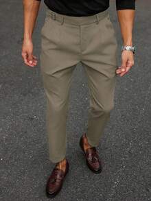 Manfinity Mode Men's Solid Color Pleated Straight Leg Casual Commute Dress Pants - Mocha Brown - View 3