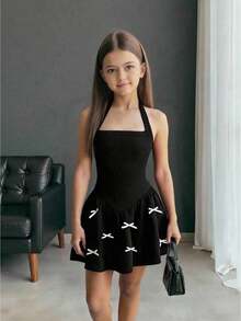 SHEIN Firerie Kids فستان أنيق بياقة حلقية مناسب للفتيات المراهقات، أسود، بفيونكة، للربيع/الصيف - الأسود - مشاهدة 5