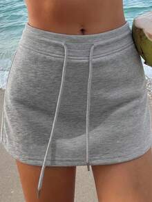 DAZY Women Drawstring Solid Color Simple Casual Skirt, For Daily Wear,Pencil Skirt Y2k - Grey - View 7