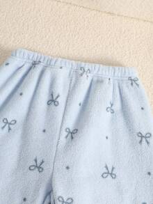 Girls 2pcs Set Round Neck Long Sleeve Long Pants Light Blue Fleece Bow Polka Dot Pattern Simple Cute Casual Soft Sweet Indoor Pajamas Autumn Home - Baby Blue - View 8