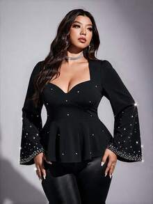 Viva Relle Plus Size Women's Heavy Embellished Rhinestone Black Waist-Cinching Blouse, Exquisite Atmosphere Outfit For Evening Party And Date Fall - Black - View 5