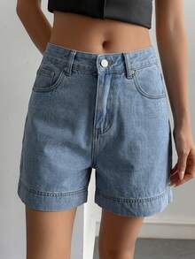 Livesso Women's High-Waist Blue Solid Color Washed Cotton Casual Loose Button Straight Leg Cuffed Denim Shorts, Summer & Autumn - Blue - View 3