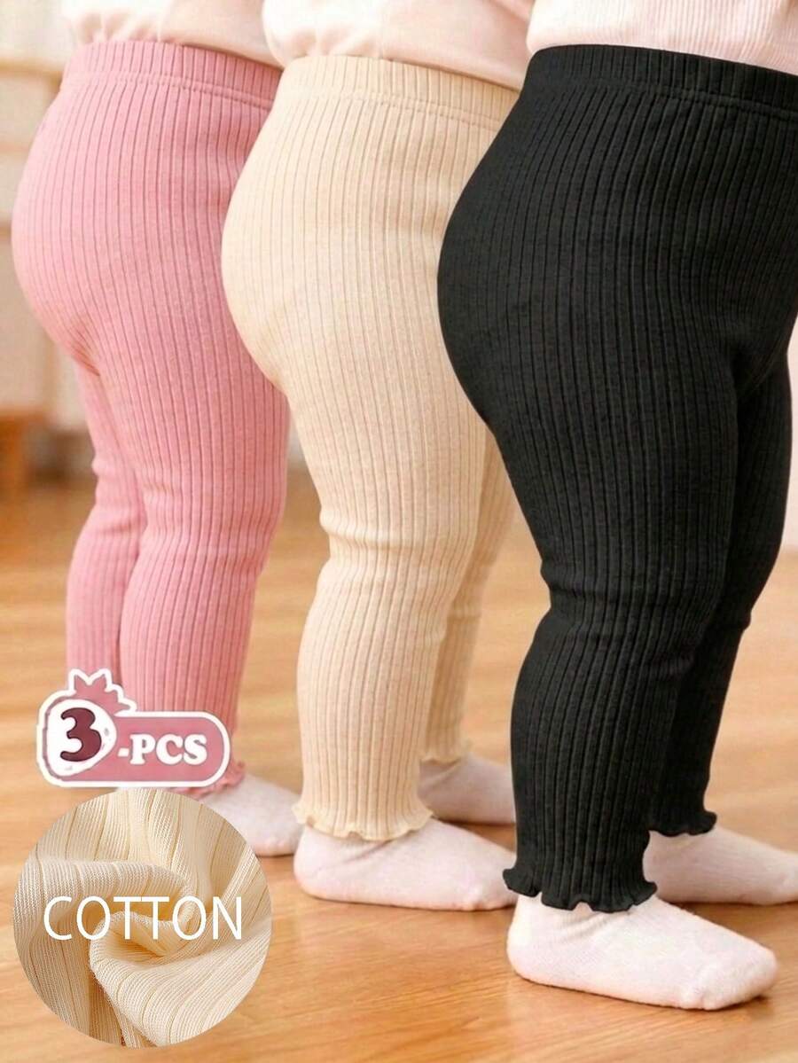 SHEIN Vintaside Kids 3件組女嬰腿緊身褲 粉色與白色條紋 秋季休閒 純色棉質長褲 極簡甜美風 直筒寬鬆版型 - 黑色 - 查看 1