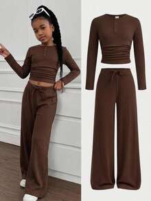 SHEIN Girlism Tween Girl 新時尚休閒兩件套服裝，咖啡棕色，適合春/秋/冬，適用於外出、通勤、休閒、居家、辦公穿著，純色麂皮羅紋布料，前開襟設計，可調腰褶 - 棕色 - 查看 1