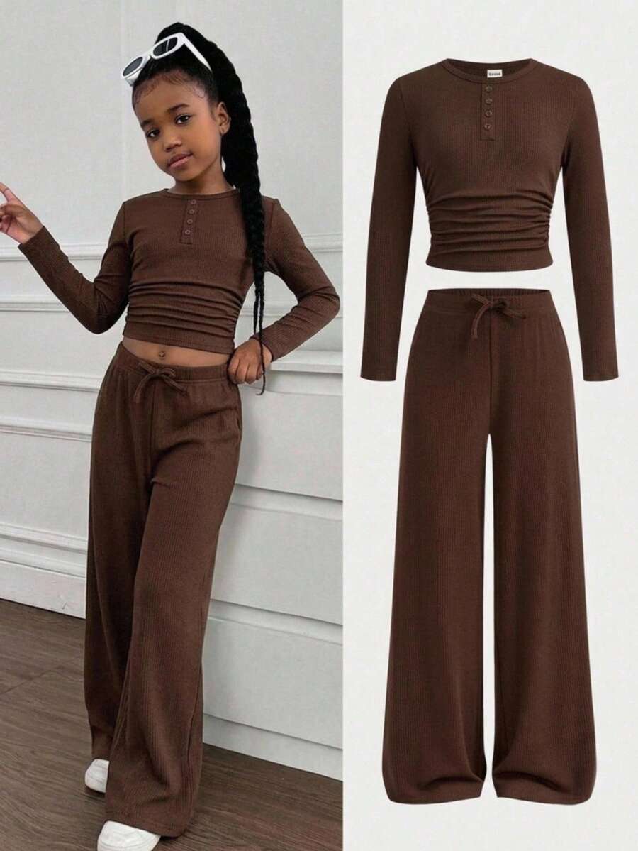 SHEIN Girlism Tween Girl 新時尚休閒兩件套服裝，咖啡棕色，適合春/秋/冬，適用於外出、通勤、休閒、居家、辦公穿著，純色麂皮羅紋布料，前開襟設計，可調腰褶 - 棕色 - 查看 1