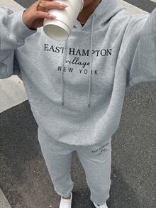 SHEIN LUNE Letter Graphic Drawstring Hoodie & Sweatpants - Light Grey - View 5
