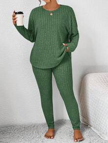 SHEIN Frenchy Plus Size Casual Solid Color Top And Pants 2 Pieces Set/Winter Fall - Green - View 5