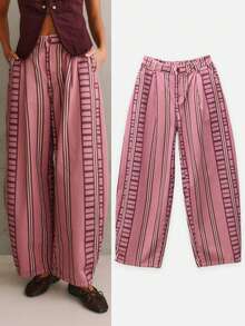 Nöista Balloon-Leg Denim Pants In Dusty Pink With Burgundy Stripes And High Waist. Fashionable Design For Casual Styling, Streetwear And Fall - Pink - View 3
