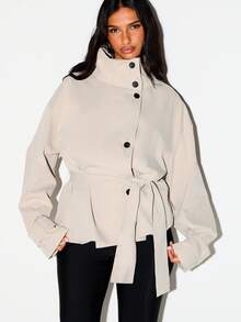 KIZN Oversized Belted Trench Jacket With Stand Collar Button Front Closure And Wide Cuffs Perfect For Autumn Winter Layering - Khaki - View 3