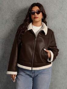 Elaquor Plus Size Women's Colorblock Zipper PU Leather Casual Versatile Everyday Long Sleeve Jacket Winter - Coffee Brown - View 5