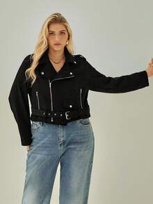 SHEIN Essnce Plus Size Faux Suede Moto Jacket, Warm For Autumn & Winter Fall Fall/Winter - Black - View 4