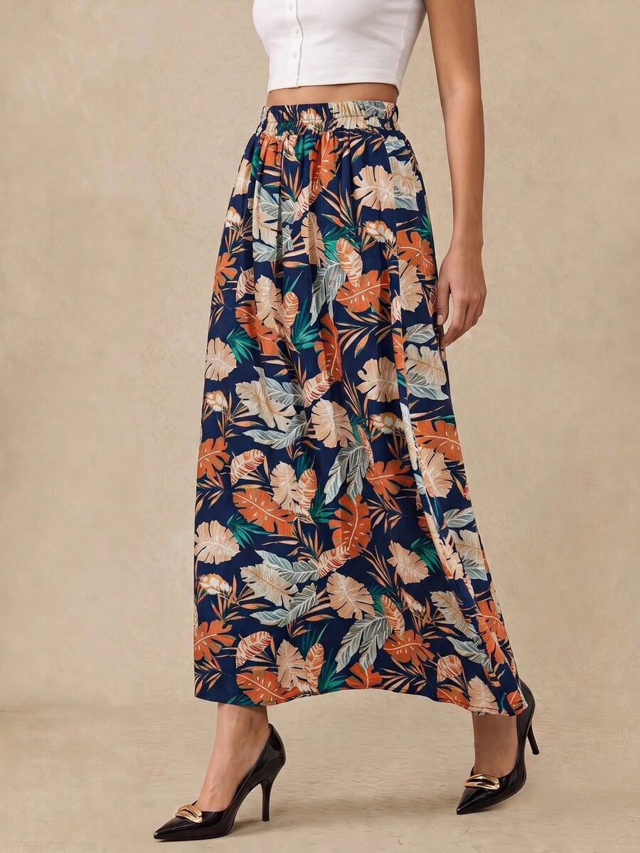Almamuse Spring/Summer Navy Leaf Print Casual Skirt For Women Fall ...