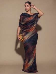 SHEIN BAE CURVE Plus Size Women's Brown Long Ruched Dress, Elegant Long Dress, Suitable For Outings, Date Dress - Brown - View 5