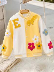 SHEIN Sparklyn 女童休閒時尚百搭春秋款彩色3D花卉拼色寬鬆棒球夾克 - 彩色 - 查看 7