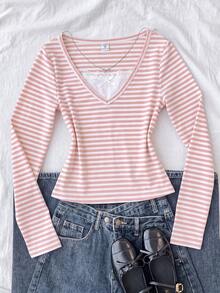 SHEIN 青少年女孩淺粉色條紋 2 合 1 對比蕾絲長袖 T 恤上衣 - 粉色 - 查看 7