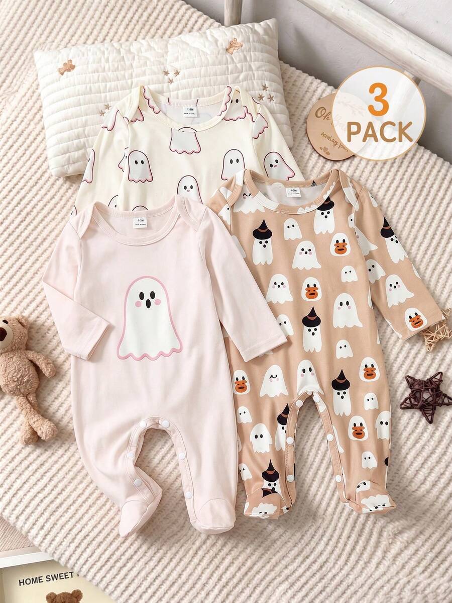 SHEIN Playful Pals Baju Terusan Bayi Baru Lahir Motif Lucu untuk Halloween, Set Pakaian Rumah 3 Potong, Motif Hantu Kecil yang Menggemaskan. - Aprikot - View 1