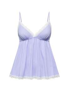 ROMWE Ribbed Lace Camisole & Shorts Casual Pajama Set - Mauve Purple - View 5