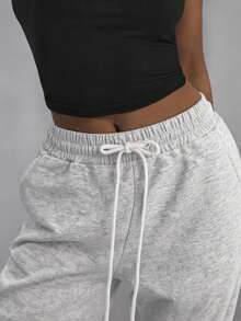 Cotton Elastic Waist Drawstring Solid Color Casual Sweatpants - Light Grey - View 4