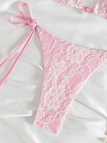 SHEIN Swim 2件組蕾絲拼接微三角掛脖綁背性感女款海灘度假泳衣，適合夏季海灘假期 - 粉色 - 查看 4