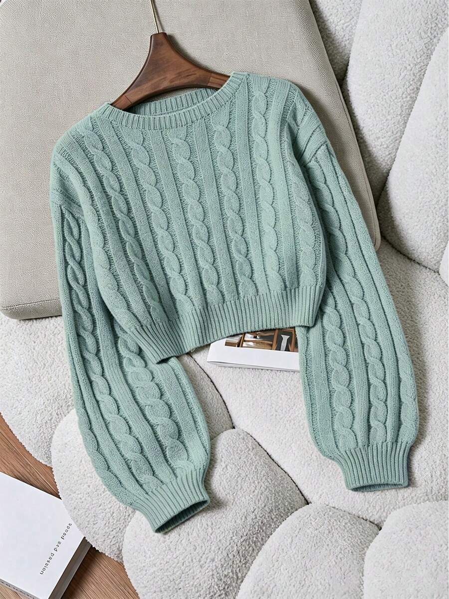 Franclia Sweater Kasual Wanita Rajut Kabel Leher Bulat Lengan Panjang - Limelight Green - View 1