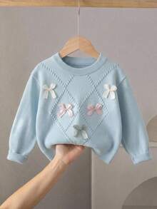 SHEIN Vintaside Kids 2026 春/秋新款 4-7 歲女童淺藍色菱格紋粗針編織套裝，3D 多色蝴蝶結圓領毛衣與長褲，兒童校園/外出/拍照針織上衣 - 藍色 - 查看 9