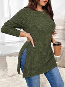 SHEIN Frenchy Plus Size Casual Solid Color Split Hem Long Sleeve T-Shirt, Autumn Fall - Dark Green - View 1