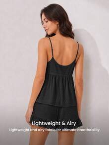 LUVLETTE Summer Sweet Women's Black Elegant Airy Two-Piece Set - Double-Layered Ruffles & Button Front Breezy Refined Home Wear - Black - View 9
