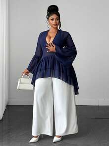 Maweii Plus Size Women's Solid Color Pleated Casual Versatile Daily Wear Shirt Fall - Navy Blue - View 6