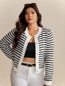 Elaquor Plus Size Women Casual Commuter Striped Pattern Faux Pearl Button Cardigan In Fall/Winter - Black and White - View 4