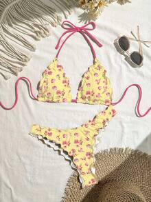 Swim Mod Conjunto de bikini de unicolor con volantes y alta elasticidad para vacaciones - Multicolor - Ver 1