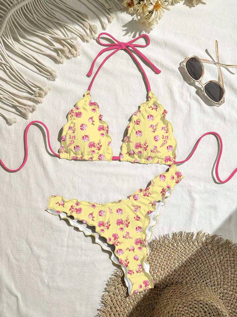 Swim Mod Conjunto de bikini de unicolor con volantes y alta elasticidad para vacaciones - Multicolor - Ver 1