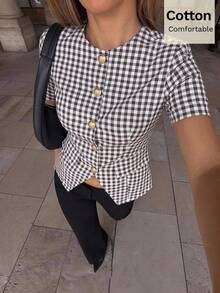 Siren Gaze Women's Pure Cotton Plaid Short-Sleeve Shirt Slim-Fit Waist-Defining Front-Slit Flattering Top Versatile Retro Elegant Style For Work Office Brunch - Black - View 8